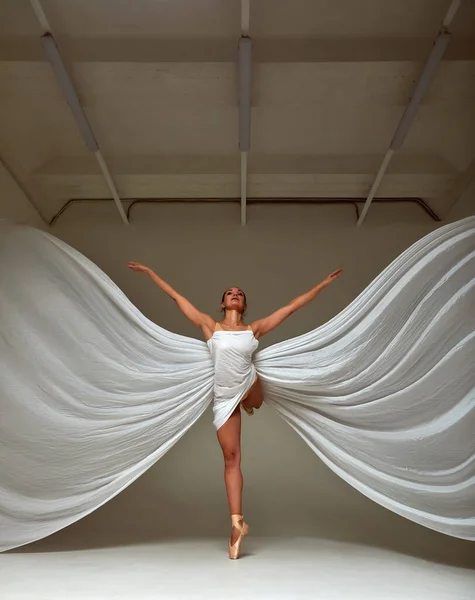 Bailarina bailando con tela de seda, Bailarina de ballet moderna en tela ondulante de aleteo, Zapatos puntiagudos, Fondo gris — Foto de Stock