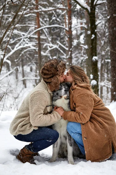 冬の森の中を歩いている若い夫婦とペット犬のハスキー — ストック写真