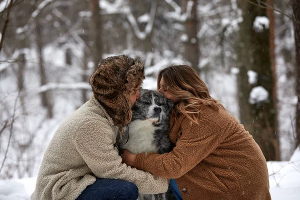 一对年轻夫妇带着一只宠物狗在冬天的森林里散步 — 图库照片