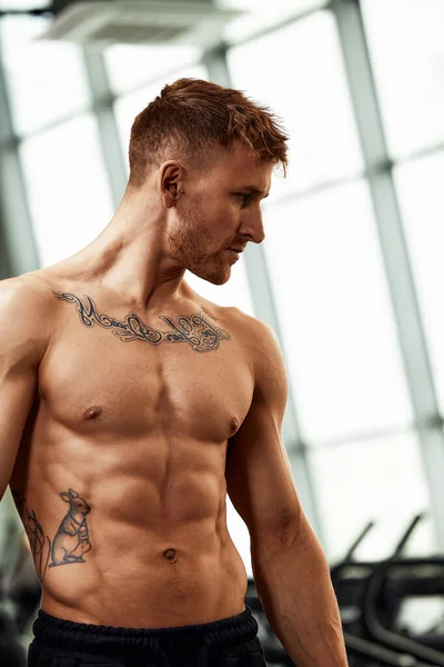 Retrato de homem topless muscular suando após o exercício de treino na aptidão. pessoas atléticas abdominais e bíceps. corpo sexy de musculação de macho desportivo saudável. espaço de cópia — Fotografia de Stock