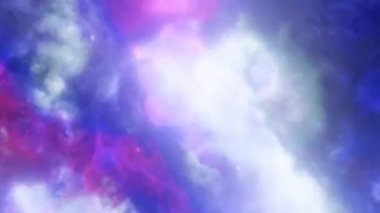 Galaksi uzayı. Renkli ve parlak nebula. Rengarenk bulutların arasında ilerliyorlar. Pembe ve mavi parlak renkler. Işınlanma. 3 Boyutlu Hazırlama.