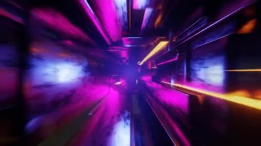 Soyut portal. Geometrik tünel. Neon ışıklarının içinden geçiyor. Bilim kurgu ulaşımı.