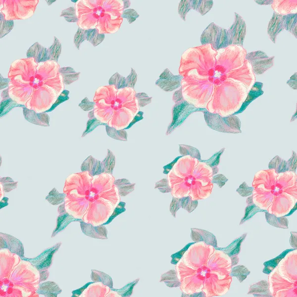 Flores Rosadas Sobre Fondo Azul Lápices Color Textura Patrón Floral — Foto de Stock