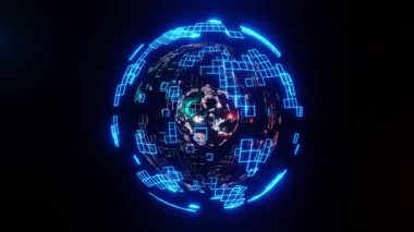 Soyut küreler dönüyor. Neon parlıyor. Teknoloji. Animasyon küresi. Soyut arkaplan.