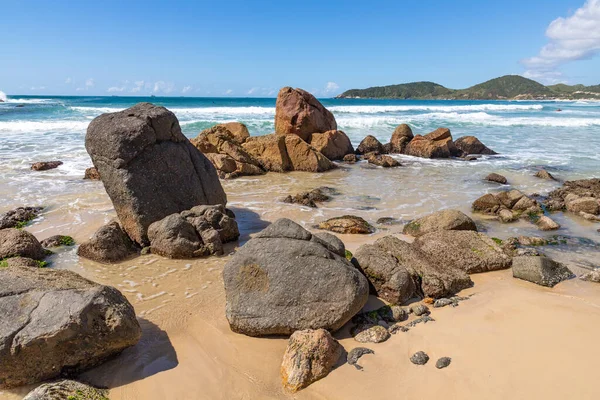 Rocas Con Algas Arena Olas Praia Rosa Imbituba Santa Catarina —  Fotos de Stock