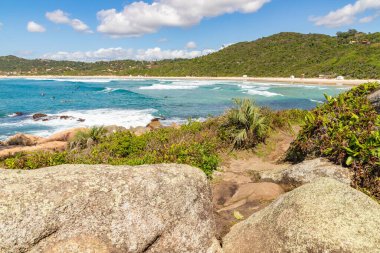 Sahile doğru kayalar ve bitki örtüsüyle Praia do Rosa, Imbituba, Santa Catarina, Brezilya