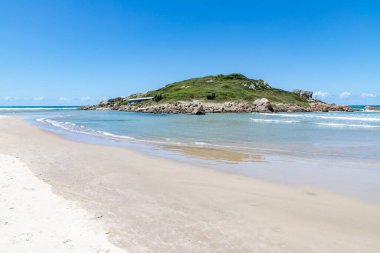 Kayaları ve bitkileri olan küçük bir ada, Praia da Barra, Garopaba, Santa Catarina, Brezilya
