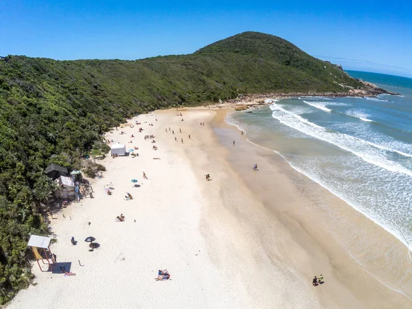 Dağların, ormanın ve plajın havadan görünüşü, Praia do Rosa, Ibiraquera, Santa Catarina, Brezilya