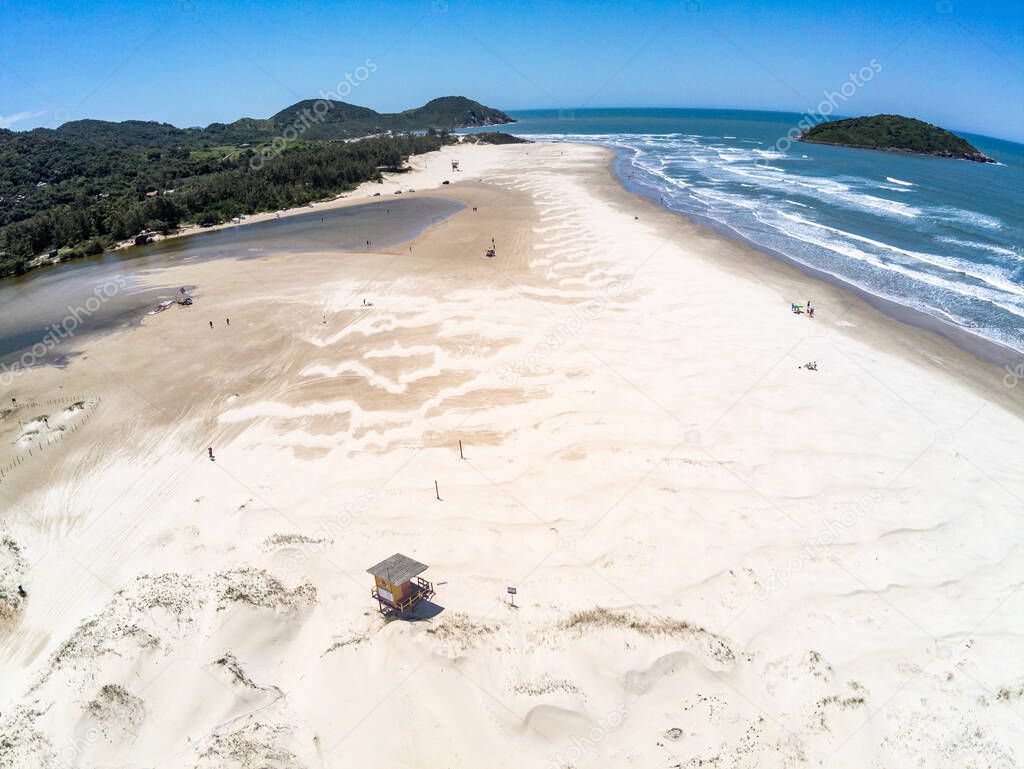Aerial vies with beach, island and lake, Barra do Ibiraquera, Imbituba, Santa Catarina, Brazil