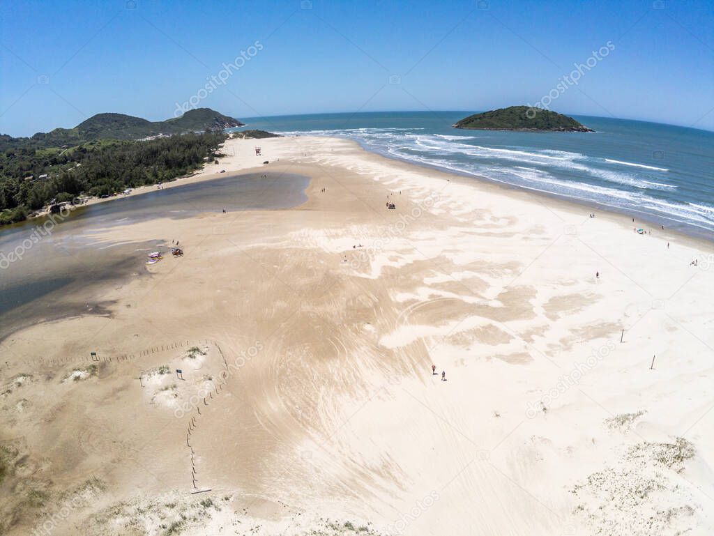 Aerial vies with beach, island and lake, Barra do Ibiraquera, Imbituba, Santa Catarina, Brazil
