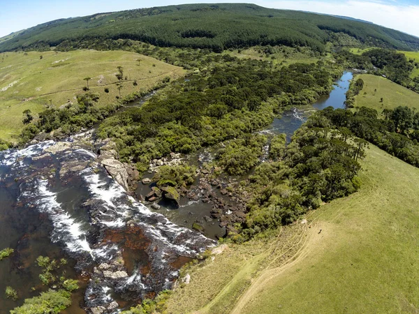 Aerial View Waterfall Fields Rocks Dirty Road Jaquirana Rio Grande — Fotografia de Stock