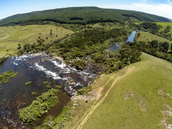 Aerial View Waterfall Fields Rocks Dirty Road Jaquirana Rio Grande — Fotografia de Stock