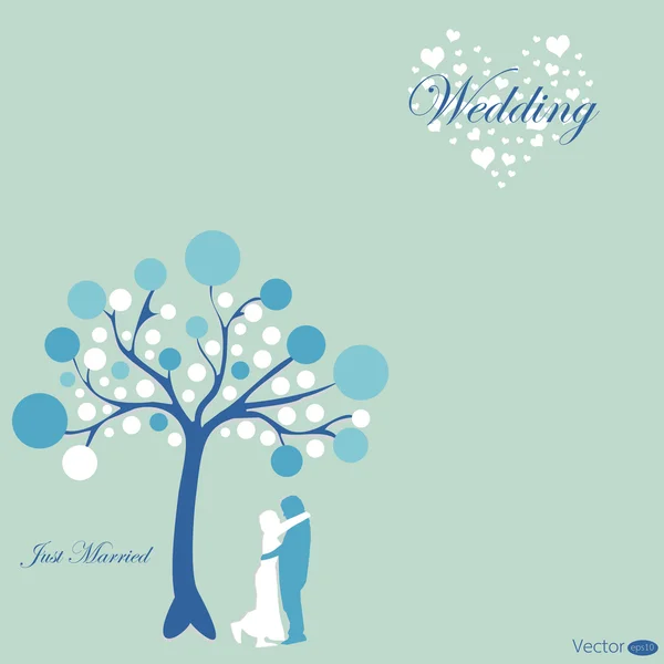 Wedding card with groom and bride under the tree on blue background — Stock Vector