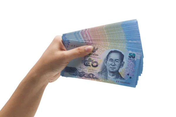 Tayland para beyaz arka plan üzerinde tutan el — Stok fotoğraf