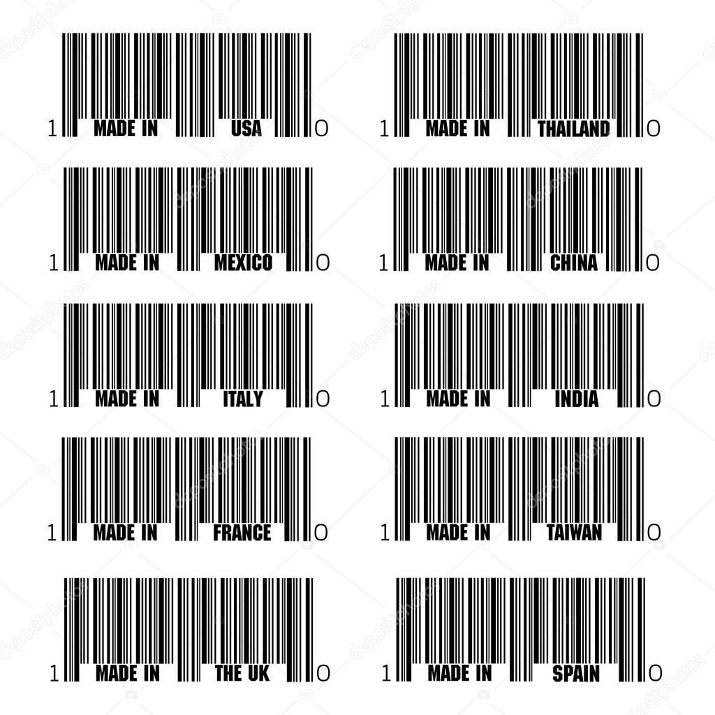 Set of black barcode of Made In symbols, including Italy, France, USA, UK, Spain, Thailand, China, India, Taiwan, Italy