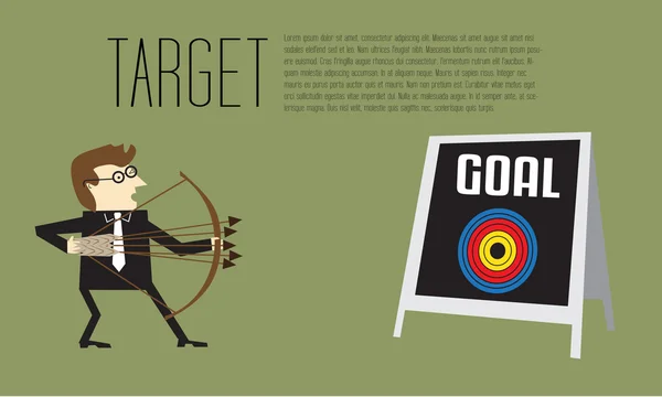 Businessman as an archer is aiming at center of target on goal board — Stock Vector