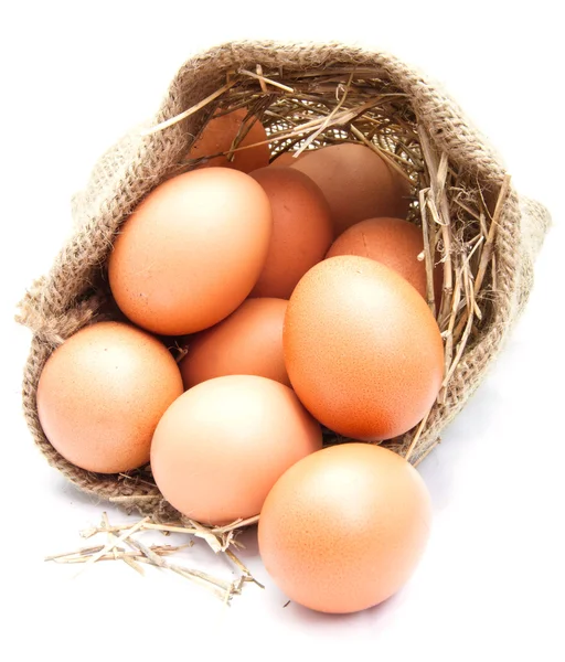 Ovos em saco de lona — Fotografia de Stock