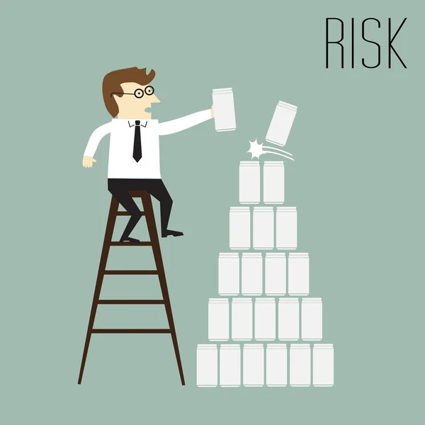 Risk, Businessman trying to put the cans on top — Stock Vector