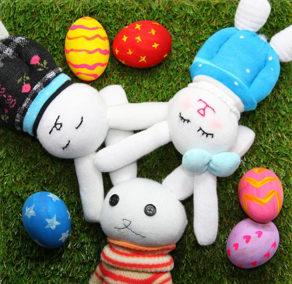 Rabbit doll from sock handmade and easter egg — Stock Photo, Image