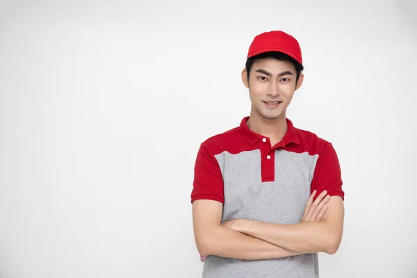 Portrait Young Asian Man Standing Wearing Grey Red Polo Shirt — Stock Photo, Image