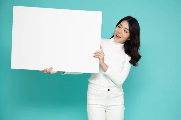 Asian Woman Showing Holding Blank White Billboard Isolated Green Background —  Fotos de Stock