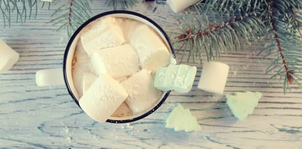 Cups Hot Coffee Marshmallows Spruce Branches Illumination Wooden Table Christmas — Stock Photo, Image