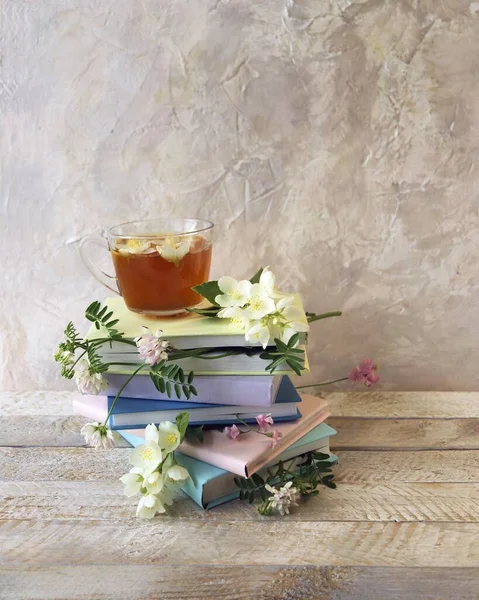 Jasmine Tea Stack Books Fresh Wildflowers Bookmarks Wooden Table Learning — Stock Photo, Image