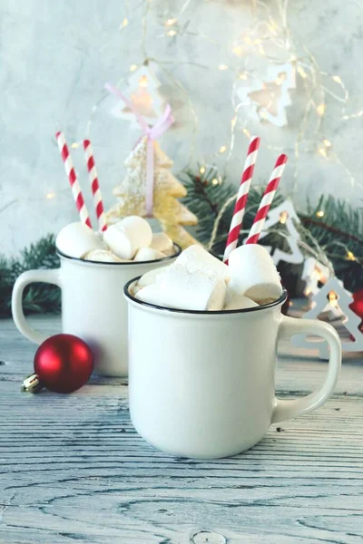 Tasses Café Avec Guimauves Branches Sapin Décorations Noël Illumination Sur — Photo