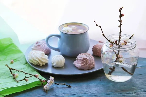 Cup Coffee Meringue Flowering Cherry Branches Water Glass Jar Sweet — Stock Photo, Image