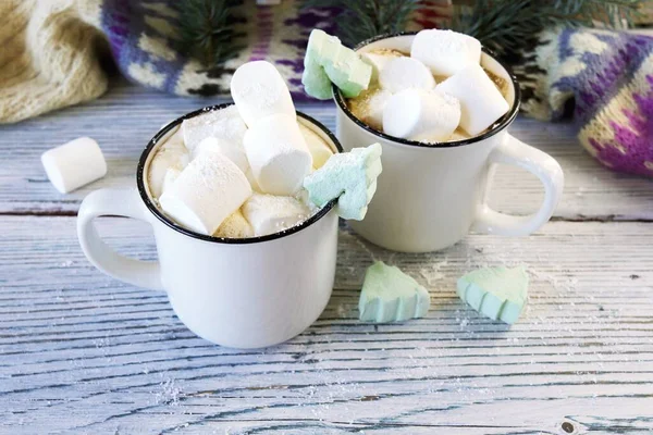 Merry Christmas Cups Coffee Marshmallows Fir Branches New Year Toys — стоковое фото