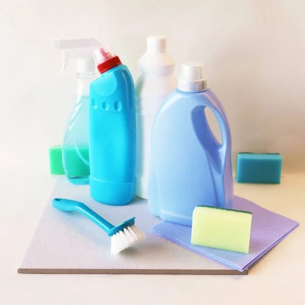 Liquid Detergents Plastic Bottles Home Cleaning Products Table Light Background — Stock Photo, Image