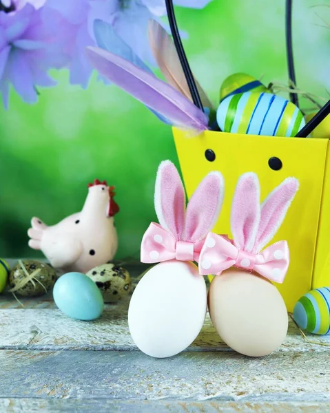 Easter Eggs Gifts Decorations Wooden Table Backdrop Nature Congratulations Concept — Stock Photo, Image
