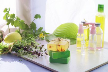 Şifalı bitkiler, doğal sabun, tentür ve ahşap bir masa üzerindeki aromatik yağ, kaplıca, vücut bakımı, alternatif tıp, organik kozmetik