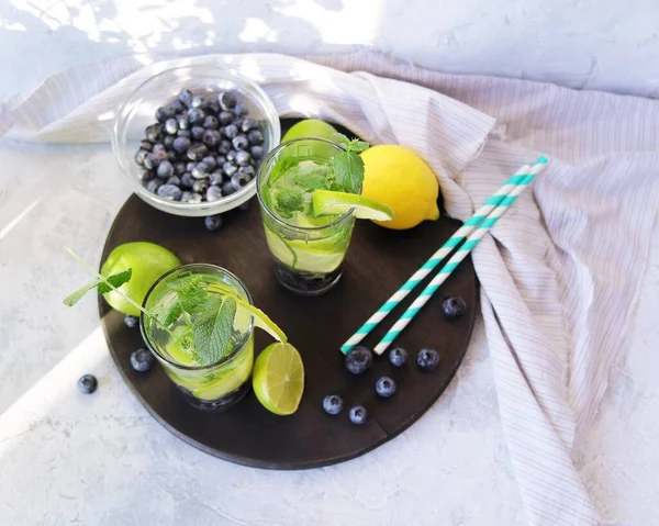 Blueberry Lime Mint Leaves Drink Ingredients Mojito Light Background — Stock Photo, Image