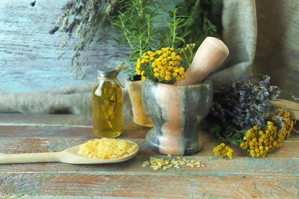 Nützliche Pflanzen Öle Und Tinkturen Lavendelblüten Und Rosmarin Topf Auf Stockbild
