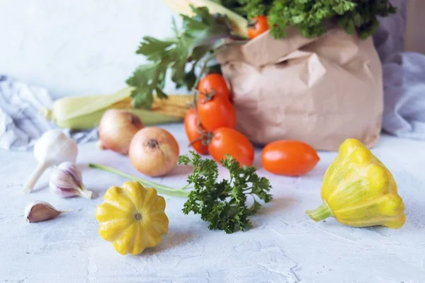 Fresh Ripe Variety Vegetables Greens Ecological Paper Bag Light Background — Stock Photo, Image
