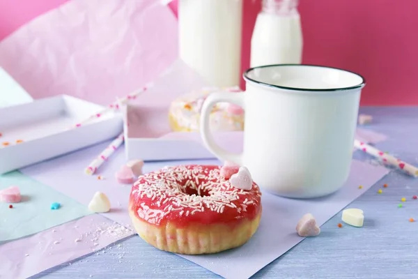 Freshly Baked Donuts Glazed Sprinkled Caramel Hearts Milk Yogurt Cup — Stok fotoğraf