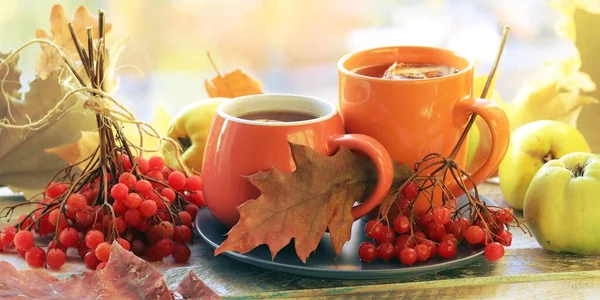 Cups Hot Tea Fruits Berries Quince Fruit Wooden Table Autumn — Stockfoto