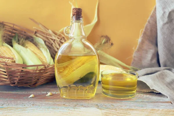 Bottle Oil Table Background Fresh Corn Leaves Organic Products Harvest — Foto de Stock