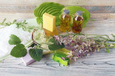 Çiçekler, yapraklar ve adaçayı kökleri, sabun, yağlar ve tentürler, ahşap bir arka planda, doğal malzemeler, alternatif tıp