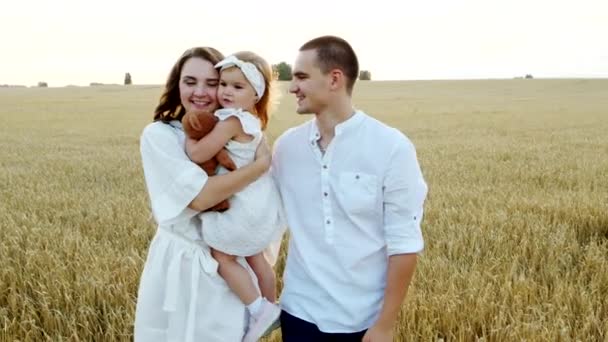 Happy young family goes across meadow: mother hugs daughter, father strokes her. — Stock Video