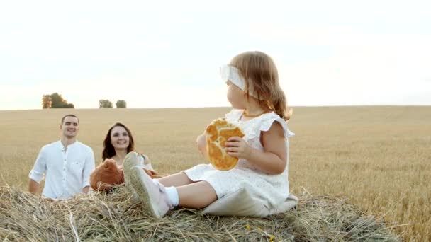 Padres felices corren a través del campo de oro a linda hija, vacaciones alegres juntos. — Vídeo de stock