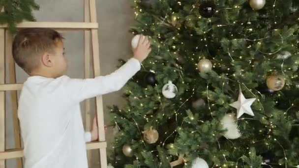 Mutlu anne ve küçük çocuklar yılbaşından önce Noel ağacını süsler. — Stok video