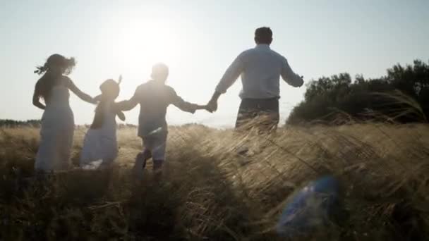 Υγιεινός τρόπος ζωής στην ύπαιθρο της μεγάλης ευτυχισμένης οικογένειας απολαμβάνοντας καλοκαιρινό ηλιοβασίλεμα. — Αρχείο Βίντεο