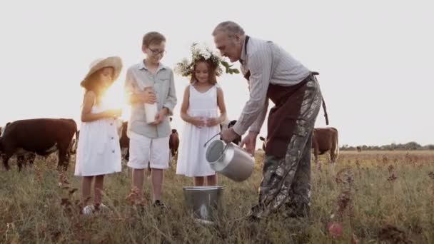 Szczęśliwa rodzina starzec, dzieci na farmie, świeże naturalne zdrowe mleko krowie, nabiał — Wideo stockowe