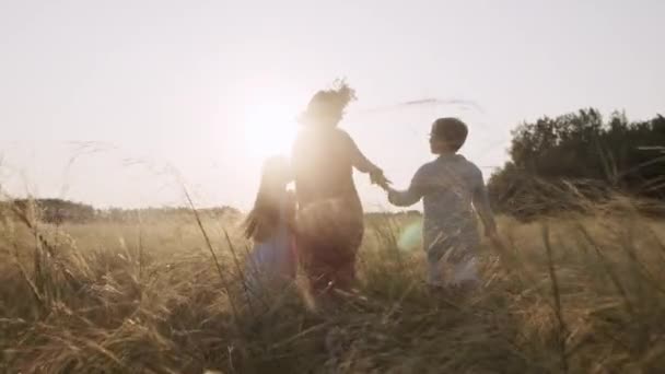 Rear view of caring mother walking across village field with small children. — Stockvideo
