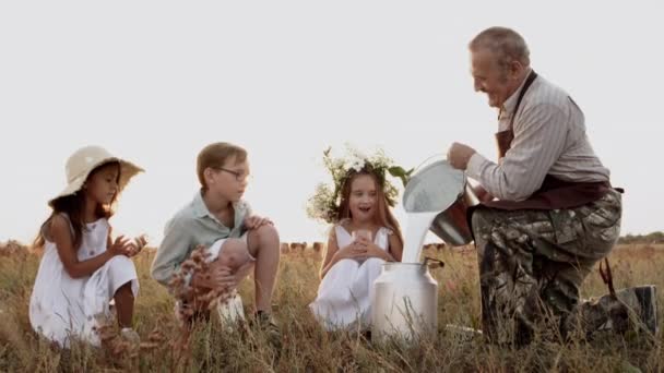 Boldog családi kikapcsolódás a faluban, természetes egészséges tehéntej, biogazdaság — Stock videók