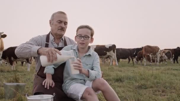 Boldog nagyapa, gyerek unoka inni friss egészséges természetes tehén tej szabadban — Stock videók