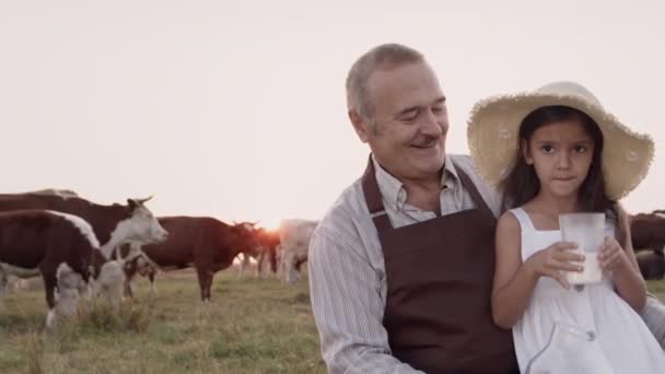Boldog nagyapa, gyermek unoka inni egészséges természetes tehén tej a szabadban — Stock videók