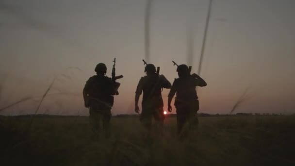 Brave soldiers in camouflage uniform with weapons go across field back view. — Stock Video